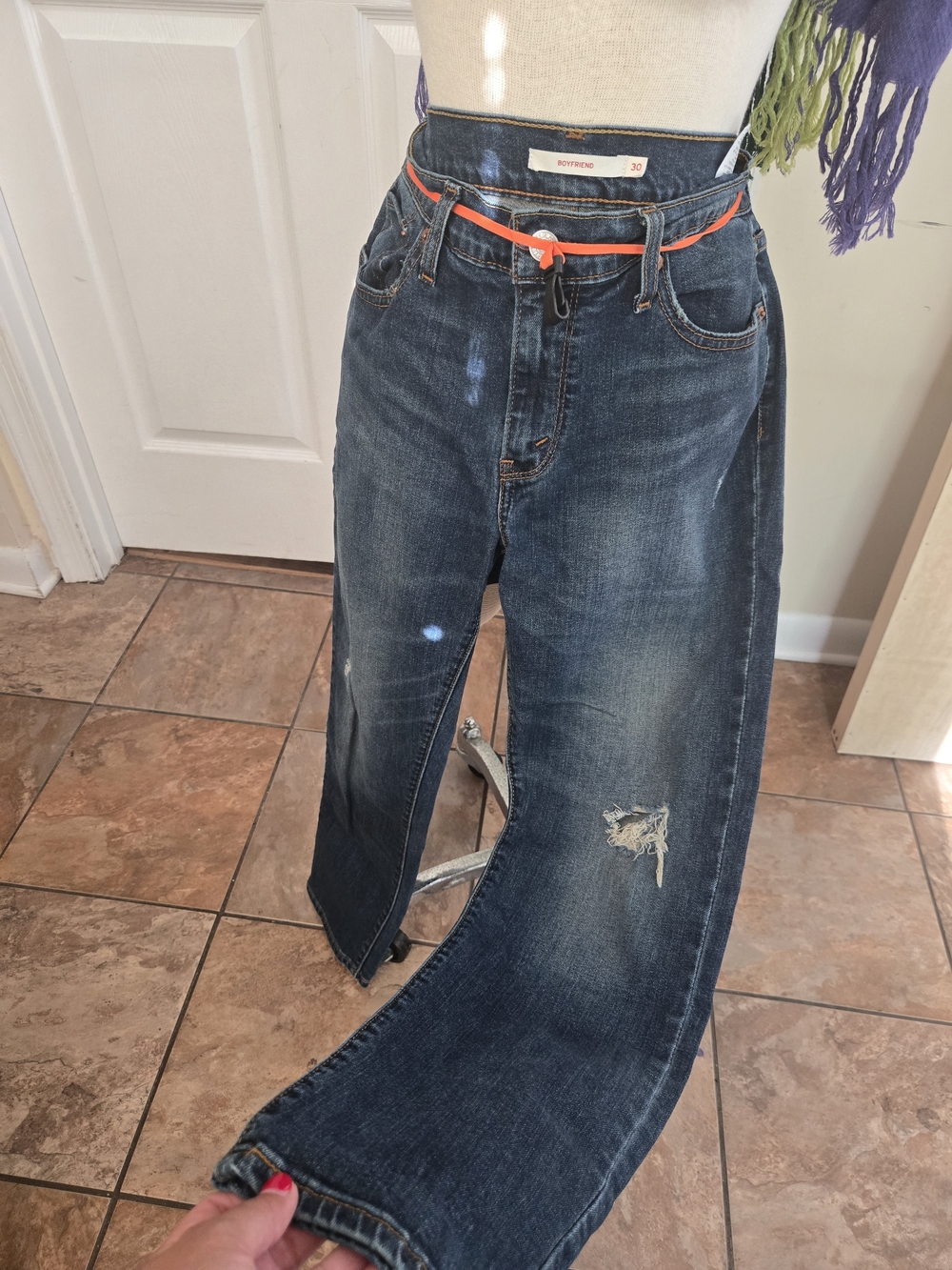 Destroyed Dark Wash Boyfriend Jeans - Navy Blue
